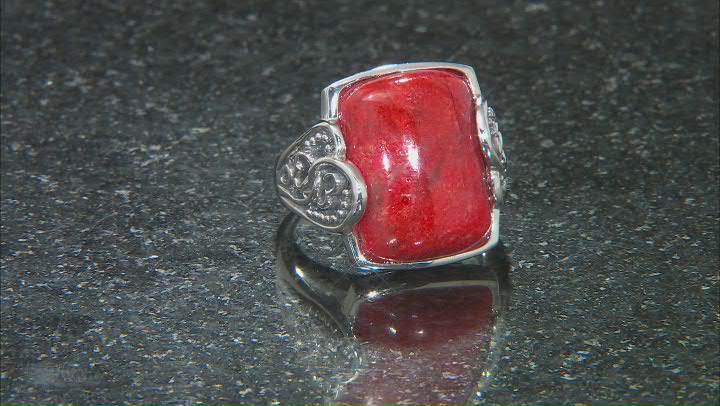 Red sponge coral sterling silver solitaire ring Video Thumbnail