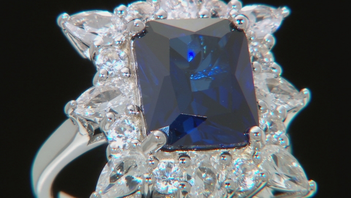 Blue Lab Created Sapphire Rhodium Over Silver Ring 7.06ctw Video Thumbnail