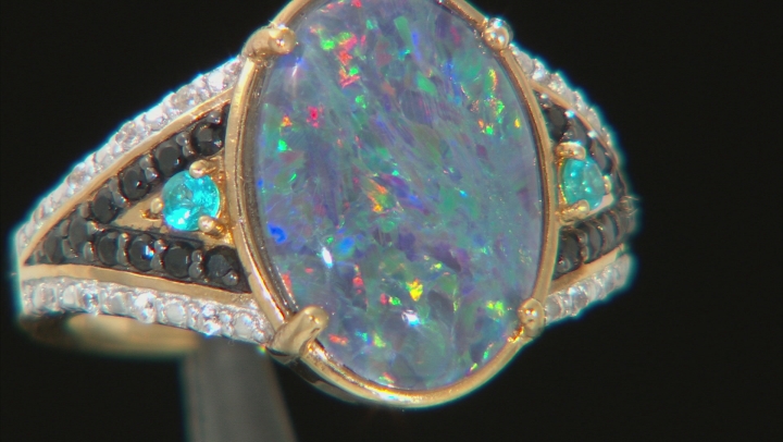 Multi-Color Australian Opal Triplet 18k Yellow Gold Over Silver Ring .30ctw Video Thumbnail