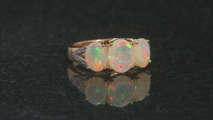 Multicolor Ethiopian opal 18k yellow gold over silver 3-stone ring 2.58ctw Video Thumbnail
