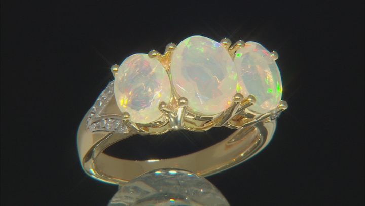 Multicolor Ethiopian opal 18k yellow gold over silver 3-stone ring 2.58ctw Video Thumbnail