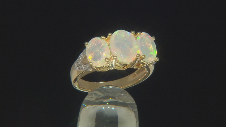 Multicolor Ethiopian opal 18k yellow gold over silver 3-stone ring 
