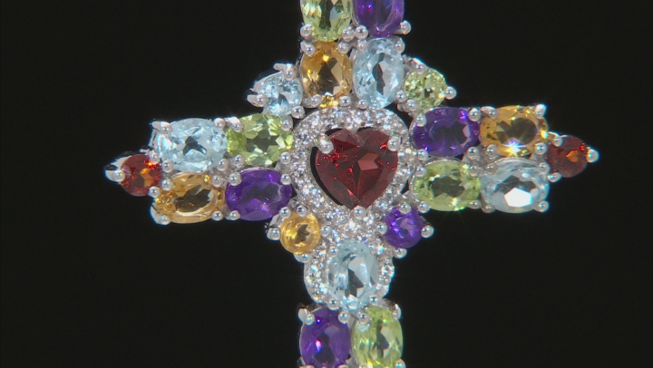 Multi-Gemstone Rhodium Over Silver Cross Pendant with Chain 5.45ctw Video Thumbnail