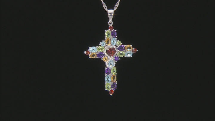 Multi-Gemstone Rhodium Over Silver Cross Pendant with Chain 5.45ctw Video Thumbnail