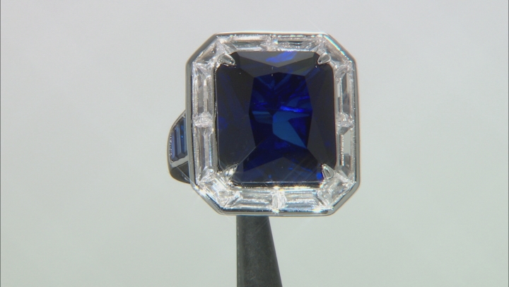 Blue Lab Created Sapphire Rhodium Over Silver Ring  14.88ctw Video Thumbnail