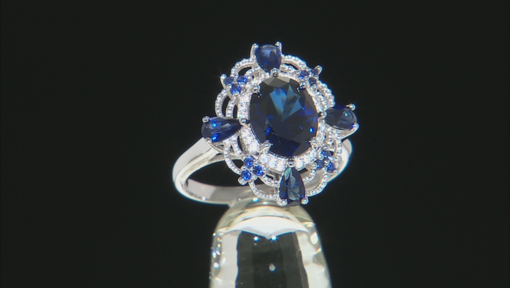 Blue Lab Created Sapphire Rhodium Over Silver Ring 3.67ctw Video Thumbnail