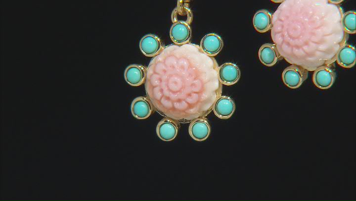 Pink Carved Conch Shell With Blue Sleeping Beauty Turquoise 18k Yellow Gold Over Silver Earrings Video Thumbnail