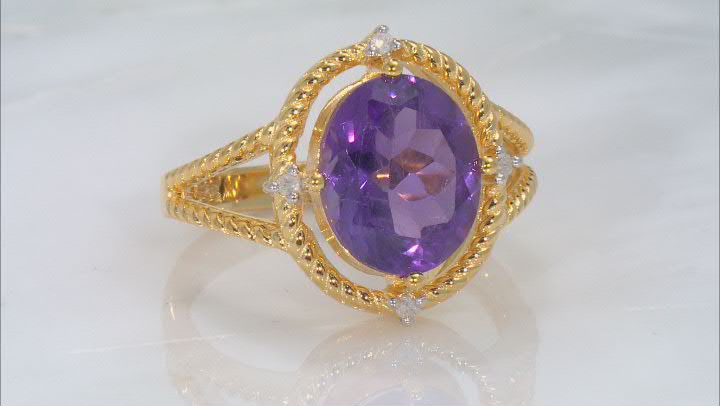Oval African Amethyst With White Diamond Accent 18K Yellow Gold Over Silver Ring 3.01ctw Video Thumbnail