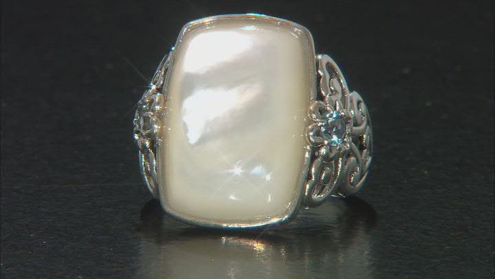 20x14mm Cushion Mother-Of-Pearl and Sky Blue Topaz Rhodium Over Sterling Silver Ring 0.34ctw Video Thumbnail