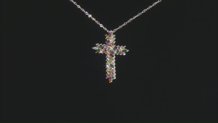 Multi-Tourmaline Rhodium Over Sterling Silver Cross Pendant With Chain 3.06ctw Video Thumbnail