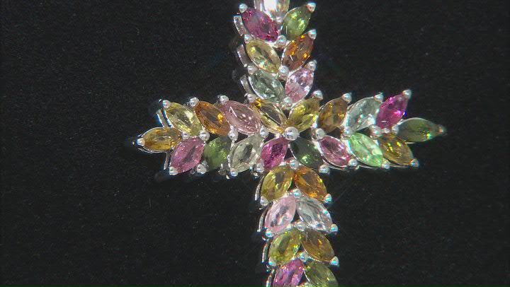 Multi-Tourmaline Rhodium Over Sterling Silver Cross Pendant With Chain 3.06ctw Video Thumbnail
