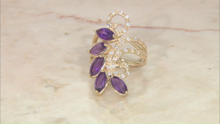 Purple African Amethyst With Round Lab White Sapphire 18k Yellow Gold Over Silver Ring 2.43ctw Video Thumbnail