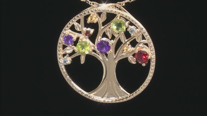 Multi-Gem 18k Yellow Gold Over Silver Tree of Life Pendant Chain 1.26ctw Video Thumbnail