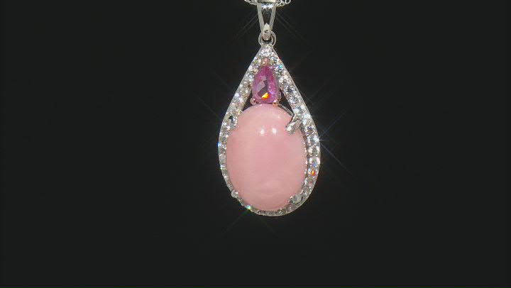 16x12mm Pink Opal With Pink Spinel And White Zircon Rhodium Over Silver Pendant With Chain 0.98ctw Video Thumbnail