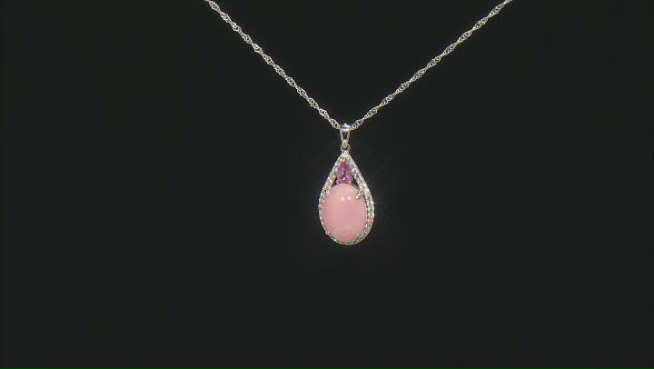 16x12mm Pink Opal With Pink Spinel And White Zircon Rhodium Over Silver Pendant With Chain 0.98ctw Video Thumbnail
