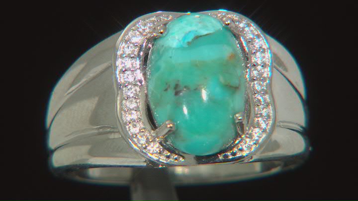12mm x 8mm Turquoise and 0.15ctw Zircon Rhodium Over Sterling Silver Ring Video Thumbnail