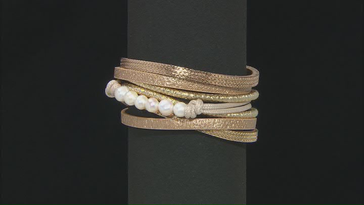 White Glass Gold Tone Brown Faux Leather Wrap Bracelet Video Thumbnail