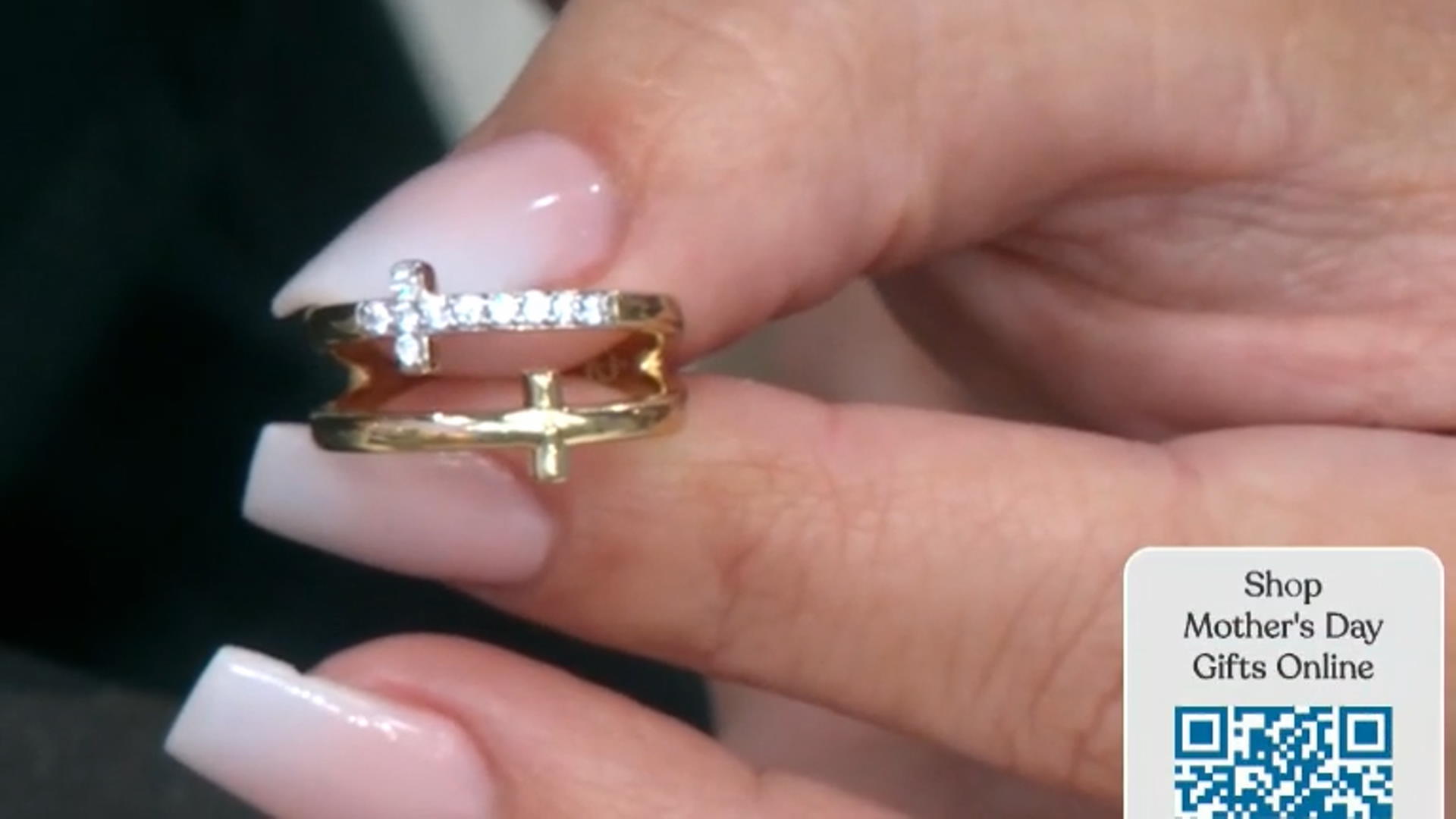 White Cubic Zirconia 18K Yellow Gold Over Sterling Silver Cross Ring 0.29ctw Video Thumbnail
