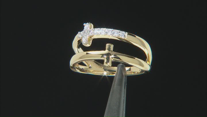 White Cubic Zirconia 18K Yellow Gold Over Sterling Silver Cross Ring 0.29ctw Video Thumbnail