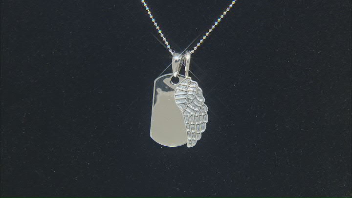 Rhodium Over Sterling Silver Dog Tag And Angel Wing Pendant With Chain Video Thumbnail