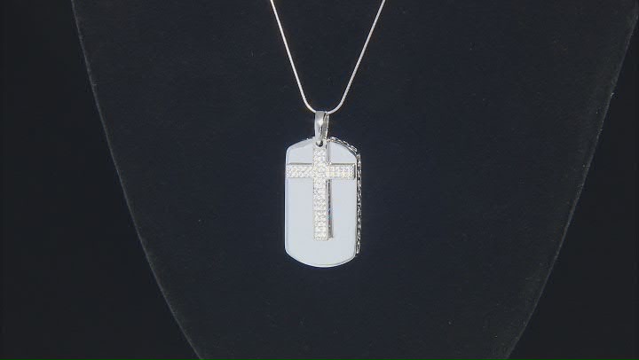 White Cubic Zirconia Platinum Over Sterling Silver Cross Dog Tag Pendant With Chain 1.00ctw Video Thumbnail