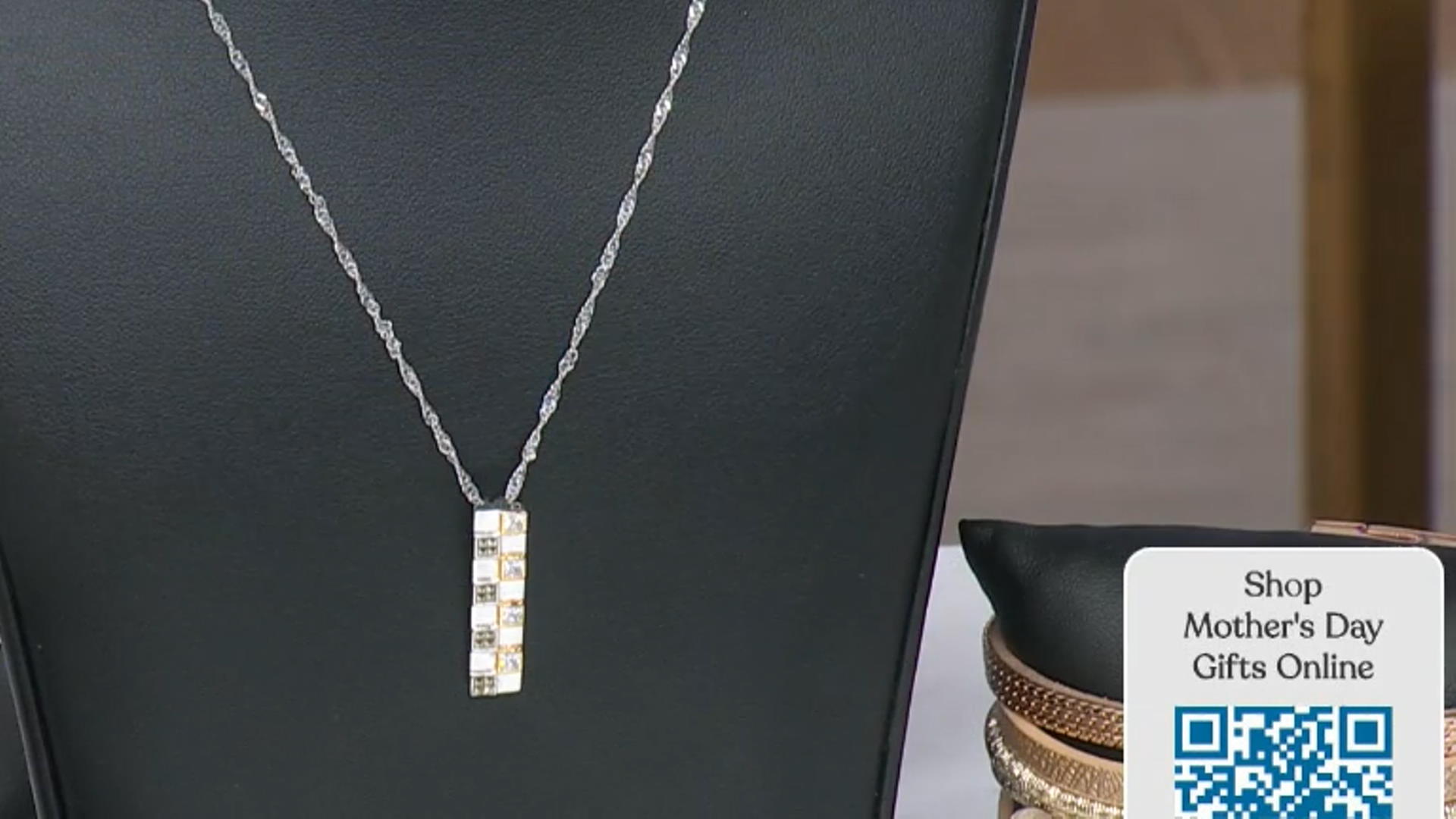 White Cubic Zirconia & Marcasite Rhodium & 18k Yellow Gold Over Silver Checkmate Pendant W/ Chain Video Thumbnail
