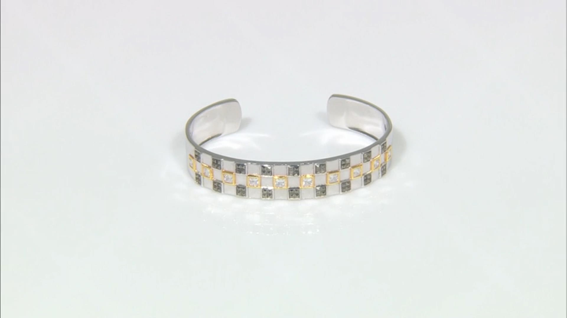White Cubic Zirconia & Marcasite Rhodium & 18k Yellow Gold Over Sterling Silver Checkmate Bangle Video Thumbnail
