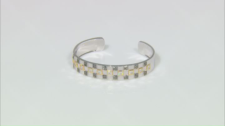 White Cubic Zirconia & Marcasite Rhodium & 18k Yellow Gold Over Sterling Silver Checkmate Bangle Video Thumbnail