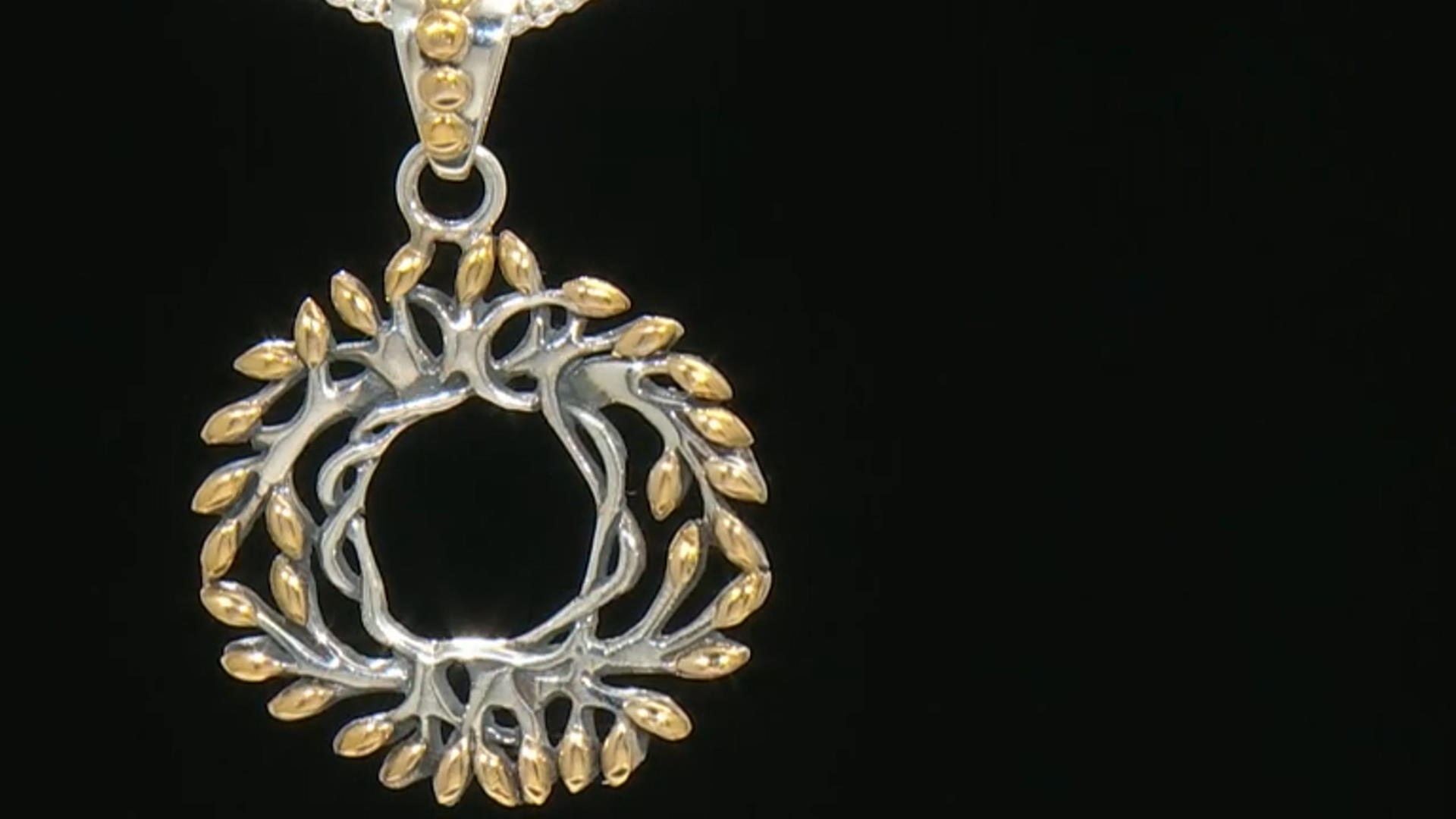 Sterling Silver and 18K Yellow Gold Tree of Life Small Round Pendant with 18 Inch Popcorn Chain