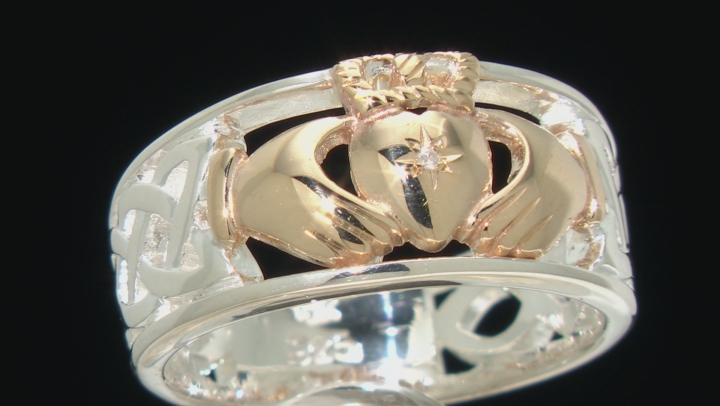 Sterling Silver and 10K Yellow Gold Claddagh Ring with 1mm Diamond Set Heart