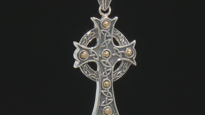 Sterling Silver and 18K Yellow Gold Large Oxidized Ornate Cross Pendant With 18 Inch Oxidized Chain