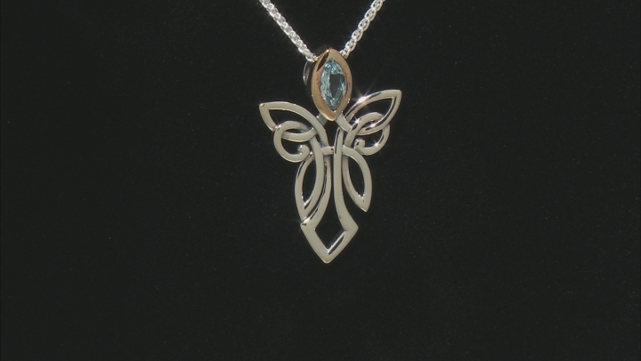 Sterling Silver and 10K Yellow Gold Sky Blue Topaz Angel Pendant Wheat Chain