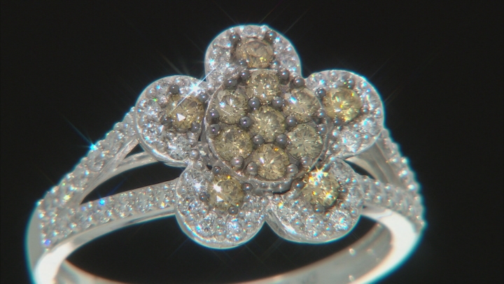 White And Champagne Lab-Grown Diamond 14k White Gold Flower Cluster Ring 0.85ctw Video Thumbnail