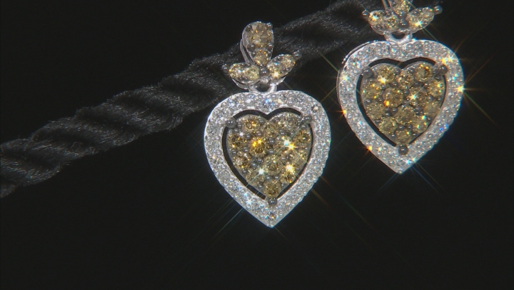 Champagne And White Lab-Grown Diamond 14k White Gold Heart Cluster Earrings 1.49ctw Video Thumbnail