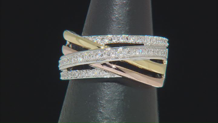 White Lab-Grown Diamond Rhodium & 14k Yellow & Rose Gold Over Sterling Silver Crossover Ring 0.25ctw Video Thumbnail
