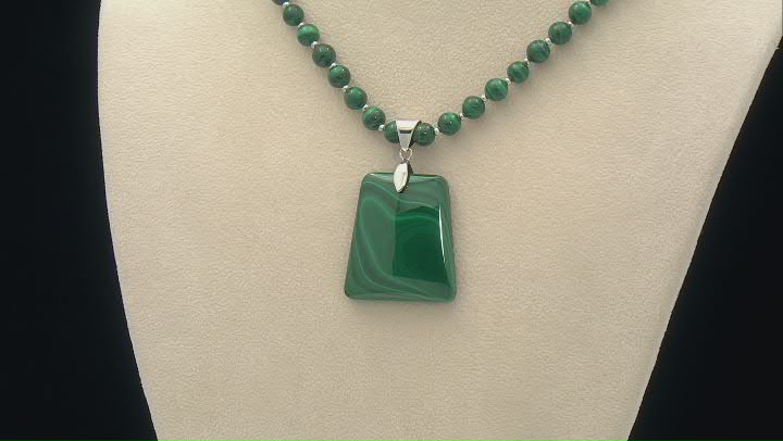 Green Malachite Rhodium Over Sterling Silver Bead Necklace Video Thumbnail