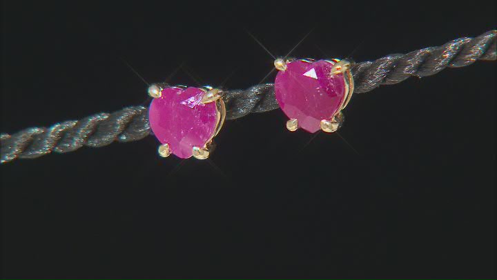 Red Ruby 10k Yellow Gold Heart Shaped Stud Earrings 1.50ctw Video Thumbnail