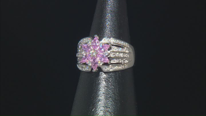 Pink And White Cubic Zirconia Platinum Over Silver Flower Ring 1.19ctw Video Thumbnail