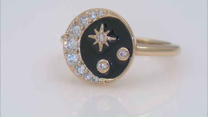 White Cubic Zirconia 18k Yellow Gold Over Sterling Silver And Black Enamel Celestial Ring 0.52ctw Video Thumbnail