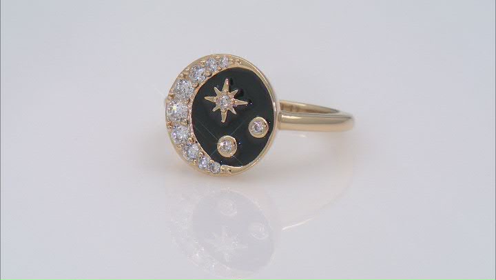 White Cubic Zirconia 18k Yellow Gold Over Sterling Silver And Black Enamel Celestial Ring 0.52ctw Video Thumbnail