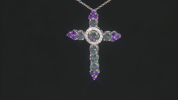 Mystic Fire® Green Topaz Rhodium Over Silver Cross Slide with Chain 5.03ctw Video Thumbnail