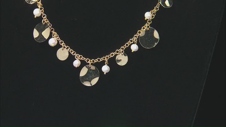 18K Yellow Gold Over Bronze Disc Station Pearl Simulant Necklace Video Thumbnail