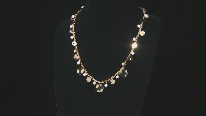 18K Yellow Gold Over Bronze Disc Station Pearl Simulant Necklace Video Thumbnail