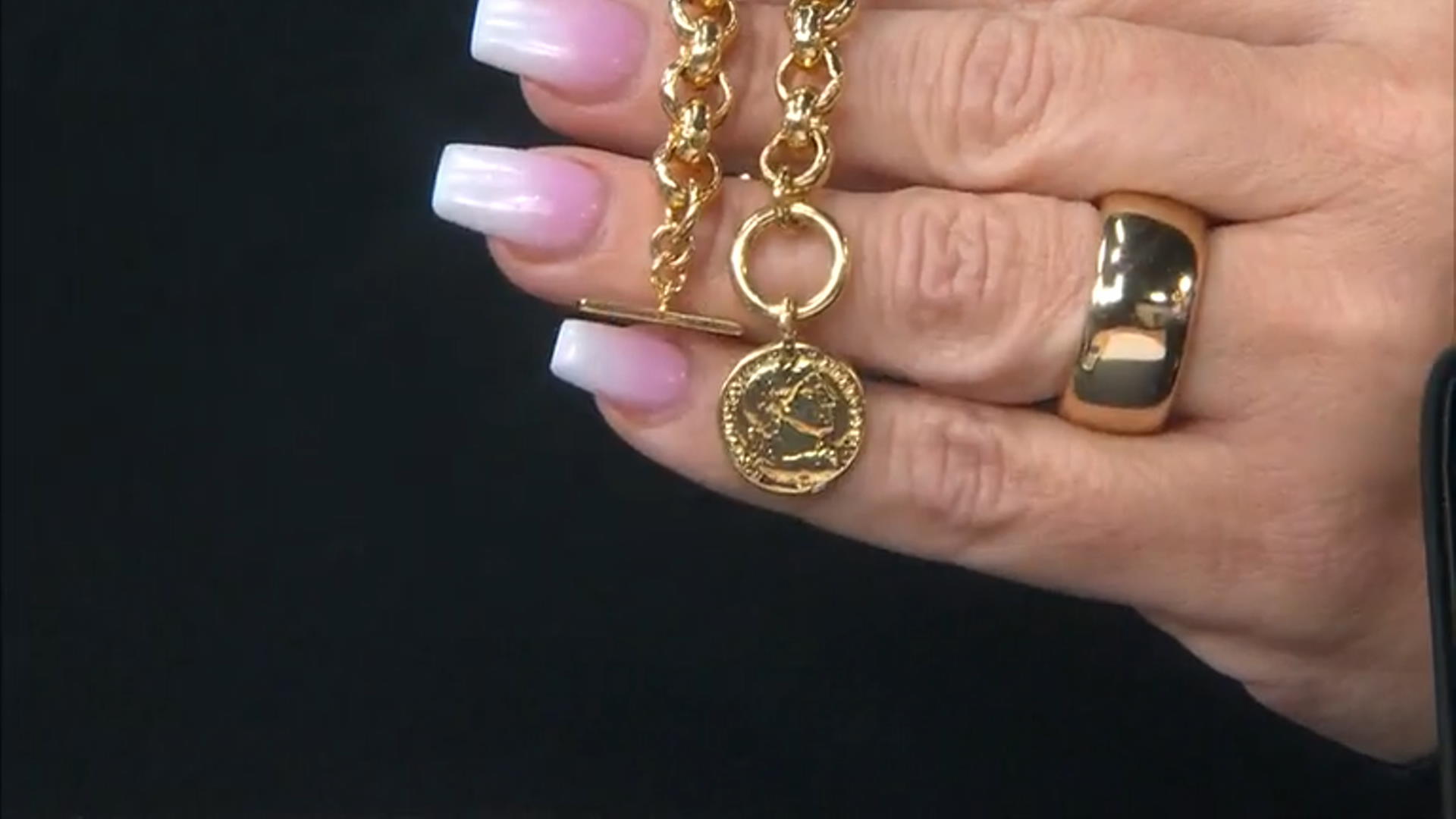 18k Yellow Gold Over Bronze Rolo Link Coin Replica Toggle Bracelet Video Thumbnail