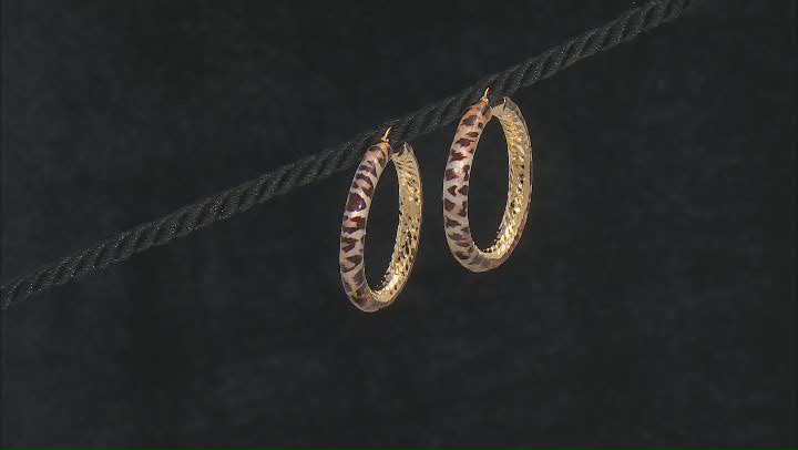 18k Yellow Gold Over Bronze Leopard Enamel Diamond-Cut Hoop Earrings Video Thumbnail