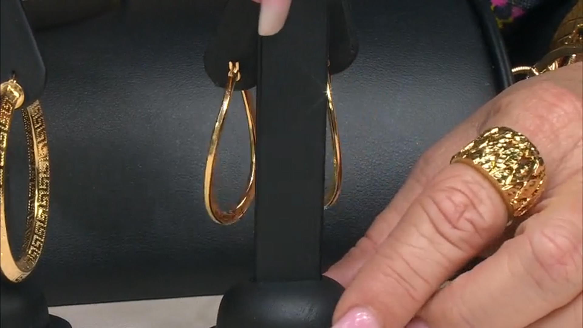 18k Yellow Gold Over Bronze Wavy Oval Greek Key Hoop Earrings Video Thumbnail