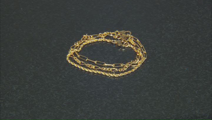 18k Yellow Gold Over Bronze Rope, Paperclip, & Figaro Link Bracelet Set of 3 Video Thumbnail