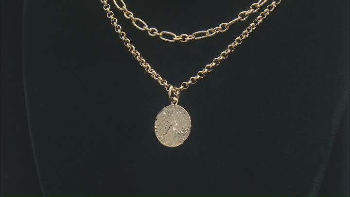 18k Yellow Gold Over Bronze Rolo & Figaro Link Multi-Row Faux Coin 20 Inch Necklace Video Thumbnail