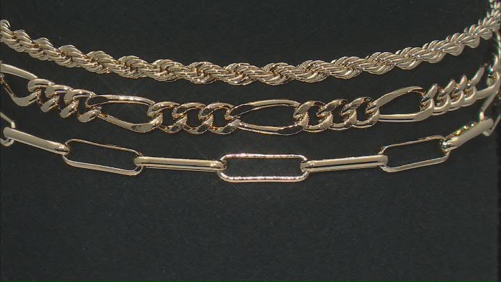 Moda Al Massimo® 18k Yellow Gold Over Bronze Paperclip, Figaro, & Rope Link Multi-Row Bracelet Video Thumbnail
