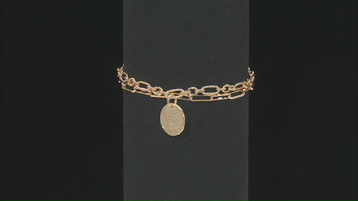 18k Yellow Gold Over Bronze Paperclip & Figaro Link Multi-Row Coin Replica Bracelet Video Thumbnail